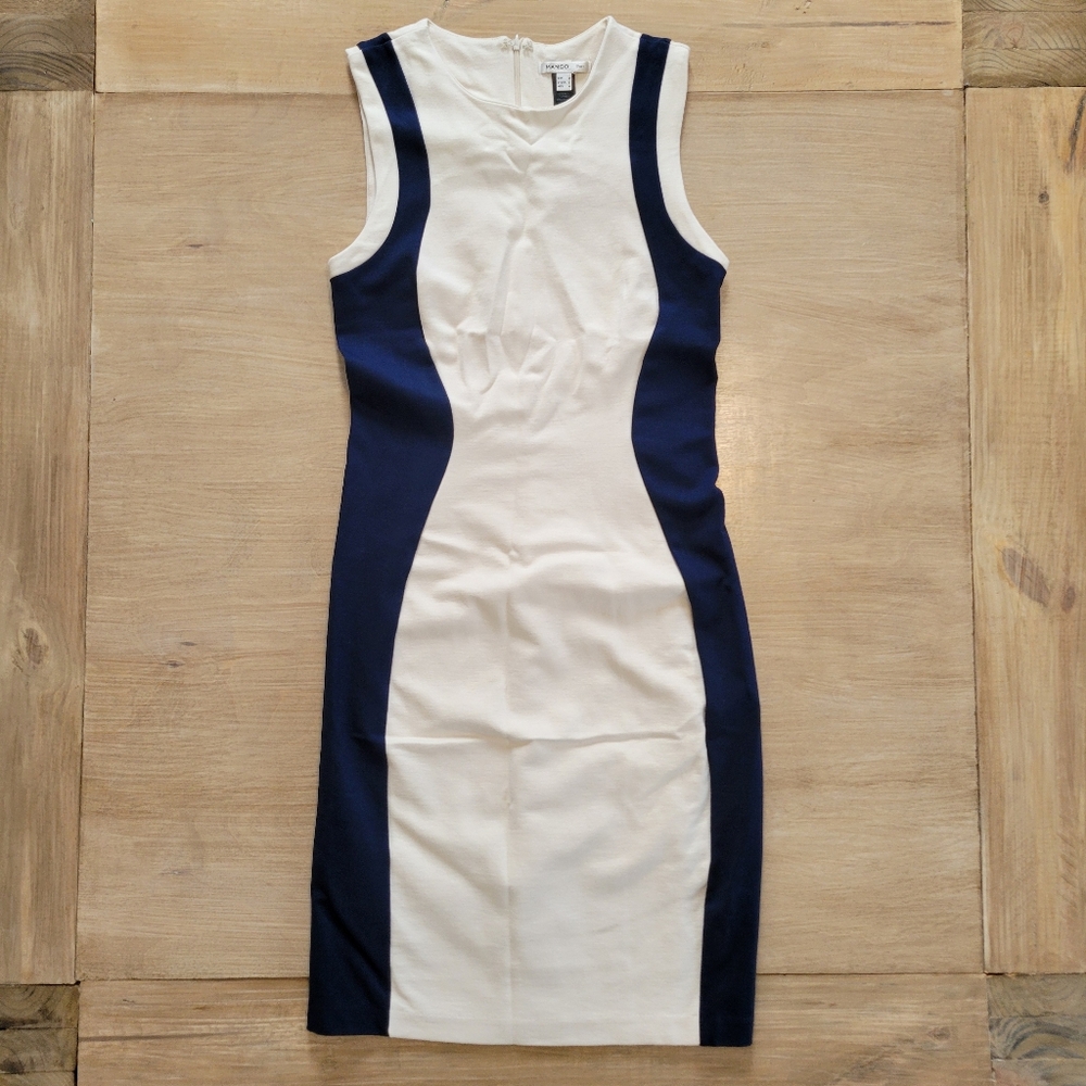 Mango White and Navy Colorblock Midi Sheath Dress